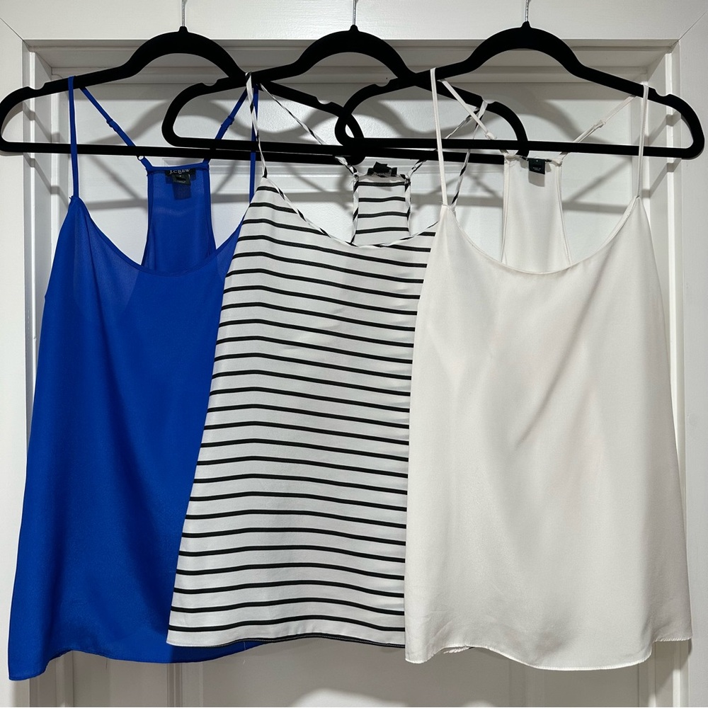 LOT of (3) J. Crew Cobalt Blue, Black White Striped, and Off White Camis Size 4